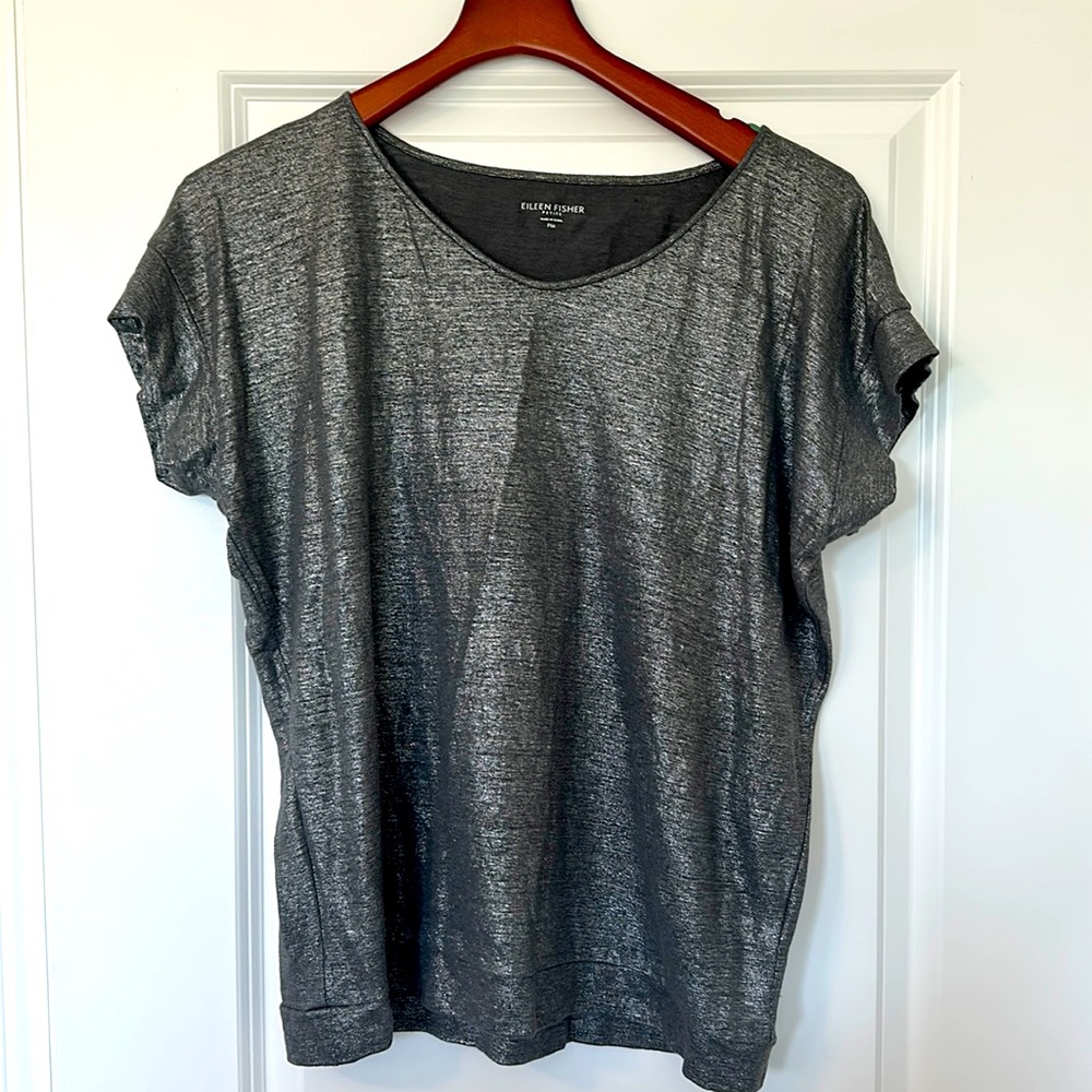 COPY - Eileen Fisher short sleeve metallic gray shirt, Size M
